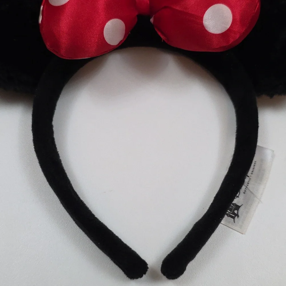 Disney Parks Minnie Mouse Ears - Fuzzy Black With Puffy Red Satin Bow Headband